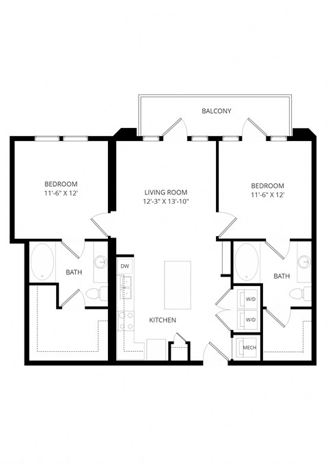 Floor plan for 2 beds, 2 baths, 1116 sqft